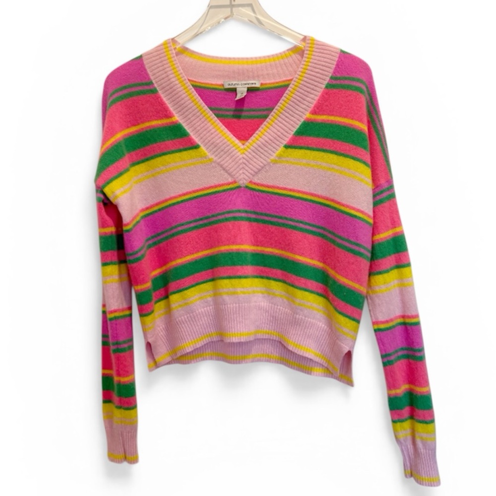 AUTUMN CASHMERE Colorful Neon Striped 100%‎ Cashmere V-neck Sweater size XS